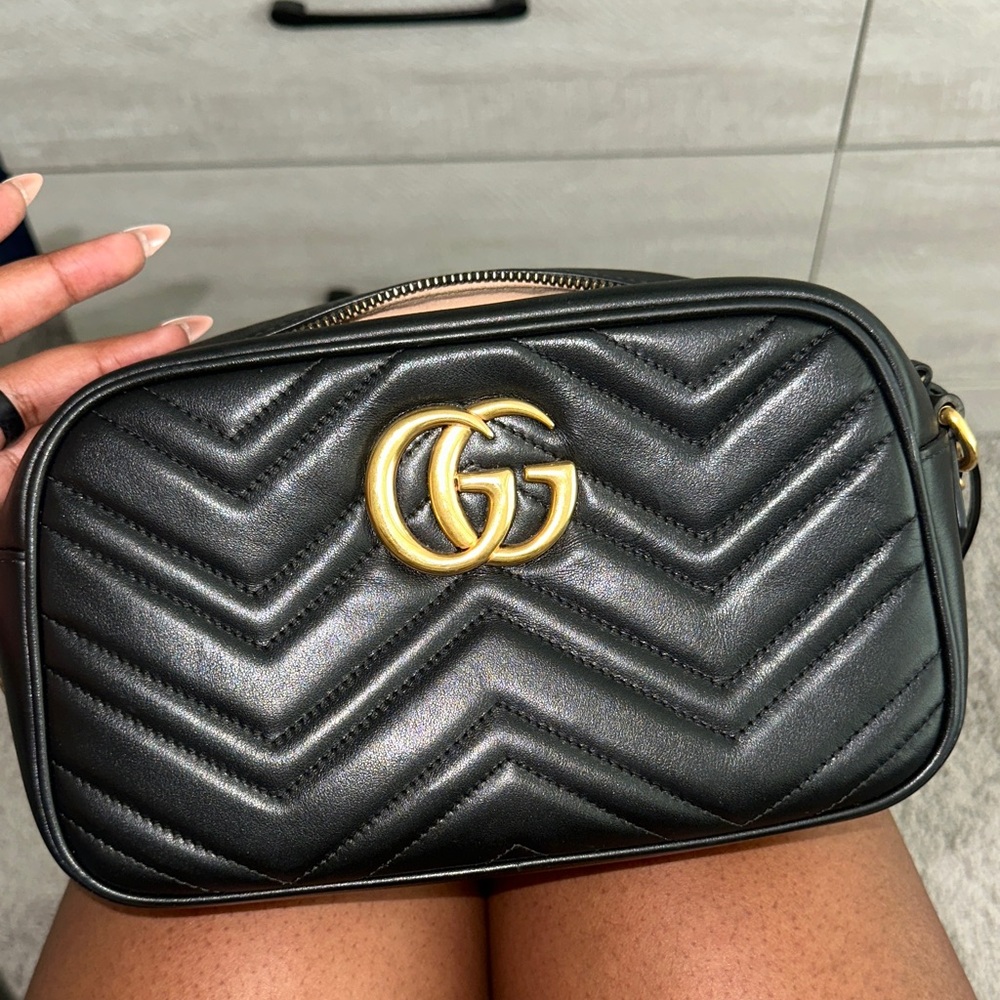 Gucci Black Chevron Crossbody Bag with Gold Logo